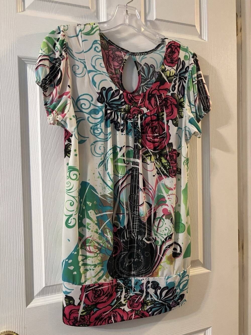 Y2K Blouse Large Top Guitar L Late 90s Early 2000s Bandeau Waistband SplatterDye